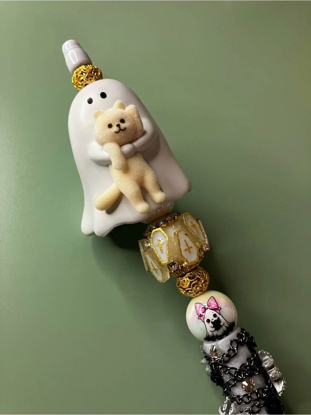 Behold my Cat Upcycled Ghost with Cat Figure on Spider Pen • Handmade • Beaded